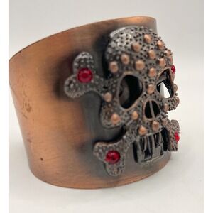 Copper Tone Skull Cuff Bracelet Gothic Biker Style Red Rhinestones